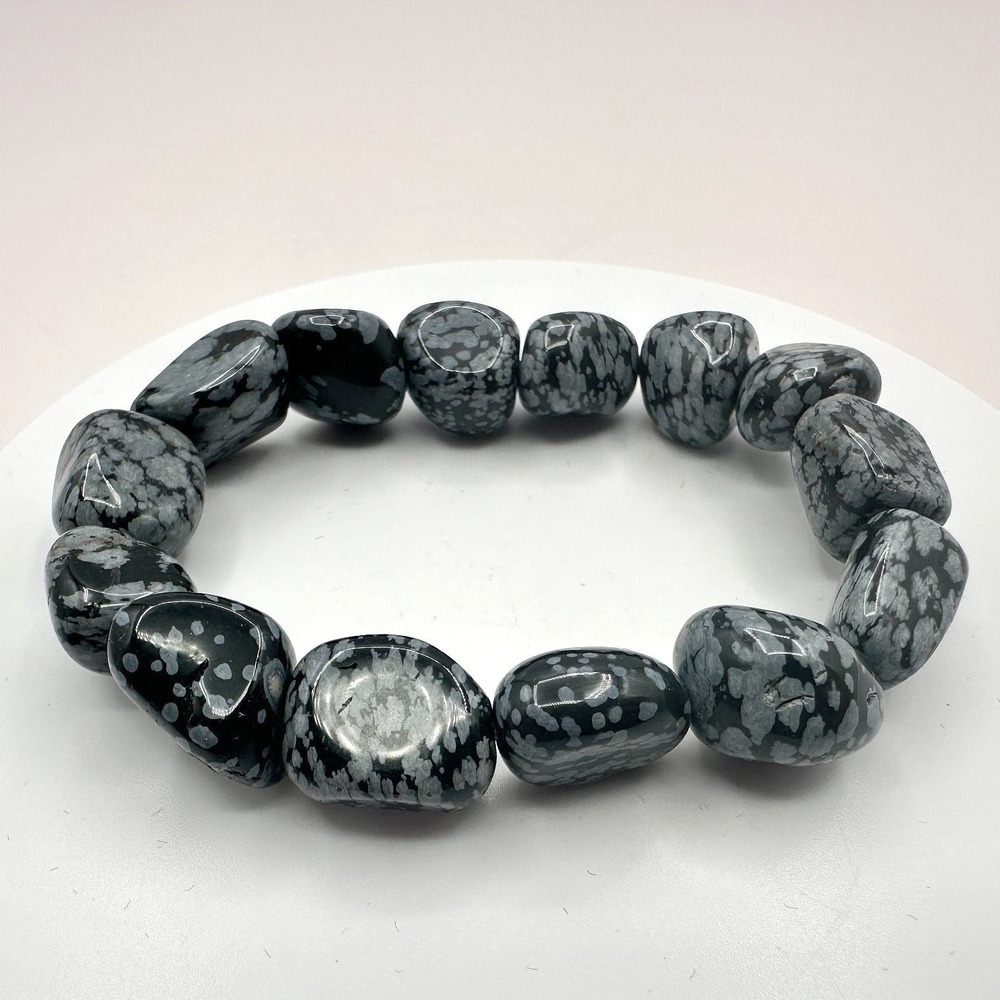 Vintage Snowflake Obsidian‎ Tumbled Gemstone Nugget Beaded Stretch Bracelet Boho